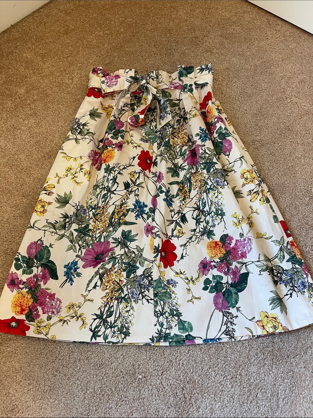Carolina Belle Cream A-Line Skirt with Multicolor Floral Print and Tie Waist